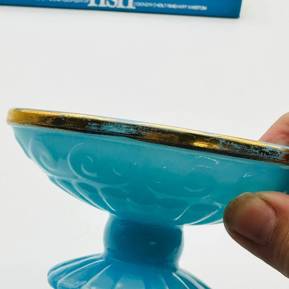 Vintage Avon Blue Milk Glass Pedestal Trinket Dish Soap Gold Rim Scroll Pattern